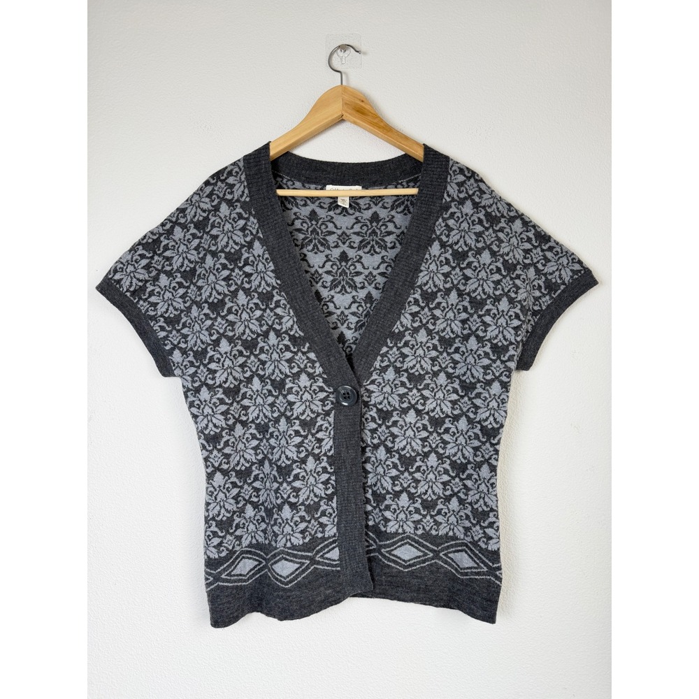 Coldwater Creek Wool Cardigan L Grey Short Sleeve Damask Knit Dark Academia